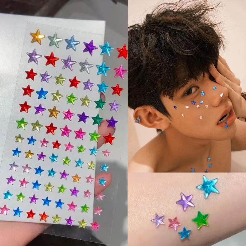 Nail Art - สติกเกอร์ติดหน้าแบบมีกาวในตัว ประดับด้วยคริสตัลหลากสีสัน สำหรับงานเทศกาลดนตรี ปาร์ตี้เรฟ แต่งหน้า DIY