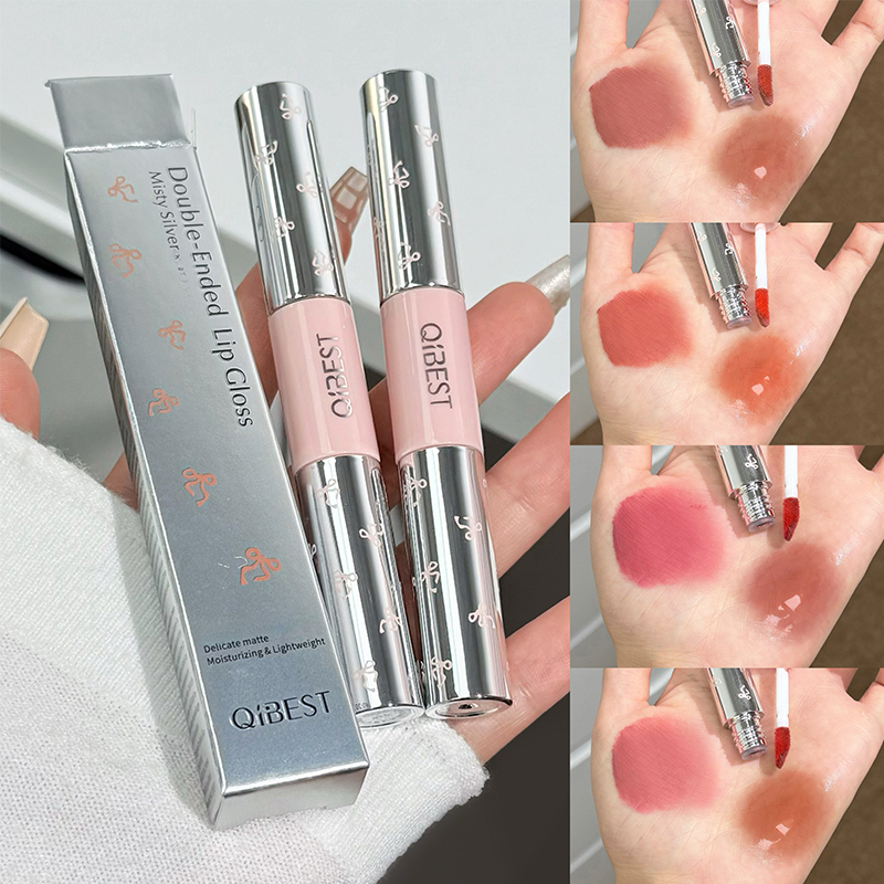 Matte Velvet Lip Tint Long Lasting - QIBEST ลิปสติกเนื้อแมตต์กำมะหยี่แบบสองหัวและลิปกลอสเนื้อฉ่ำ ติดทนนาน สีนู้ดส้ม ลิปเกลซ เครื่องสำอางเกาหลี
